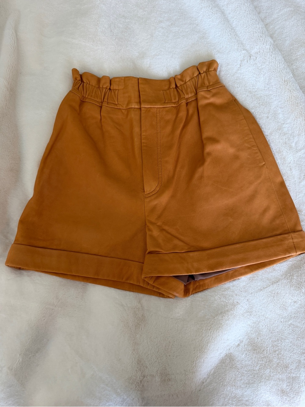 High-Waist Leather Paperbag Shorts in Rust